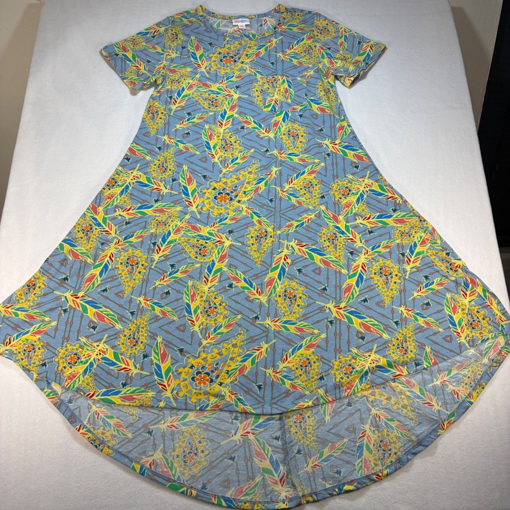 LuLaRoe Carly Dress Women XS Blue Feather Paisley High Low Boho Short Sleeve XS